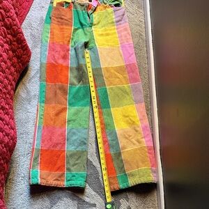 thinking mu size 38 madras checkered print jeans broken zipper